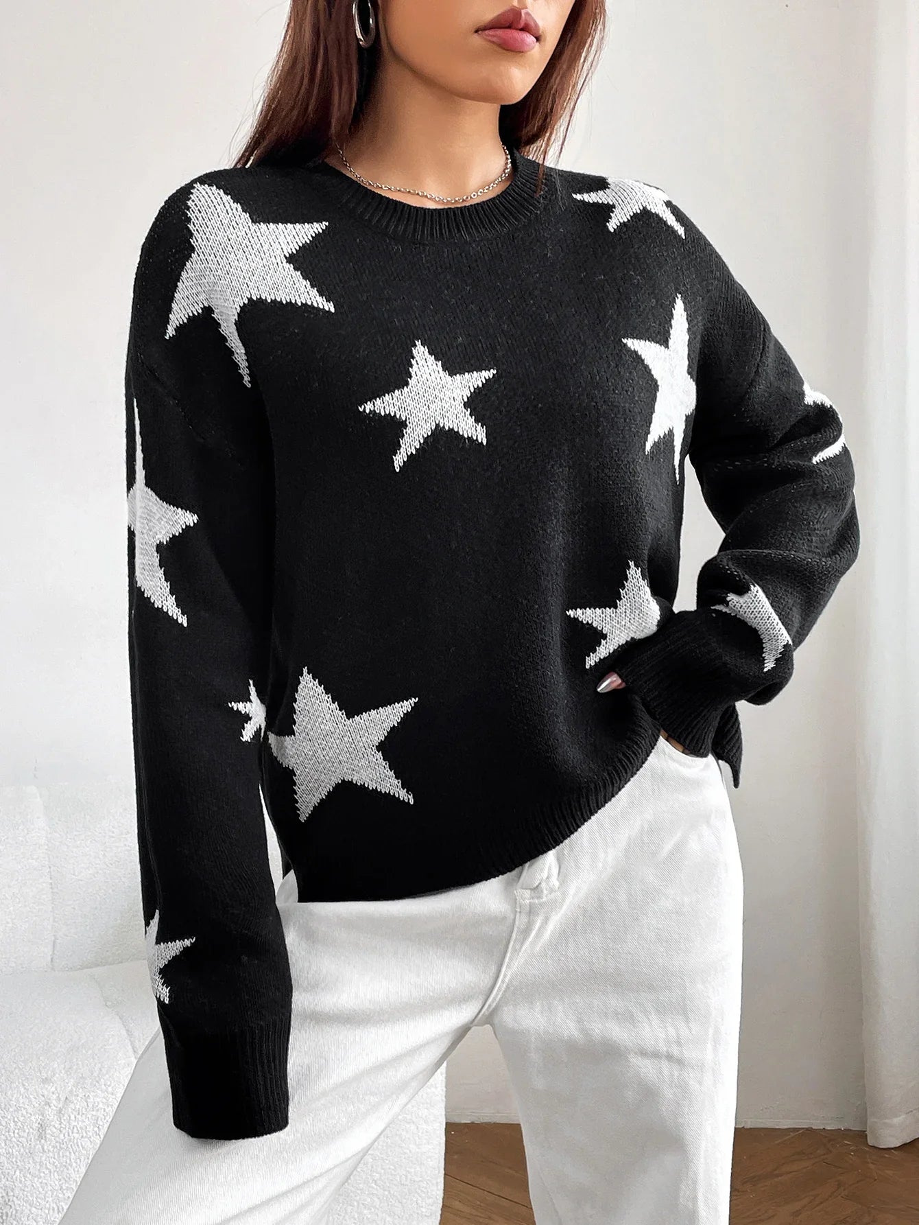 Spring Stylish Colorful Contrast Starry Cozy Comfortable Loose Long-Sleeved Warm Sweater Sweaters-L