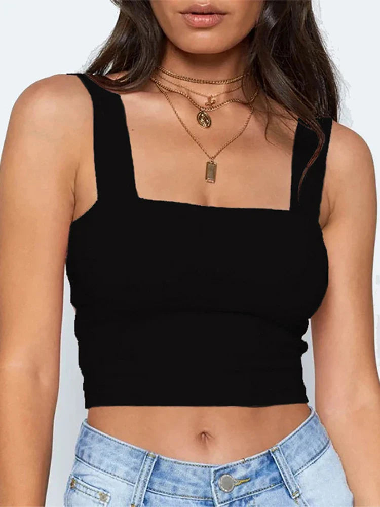 Square Neck Sleeveless Summer Crop Women Black Casual Basic T Shirt Off Shoulder Cami Sexy Backless