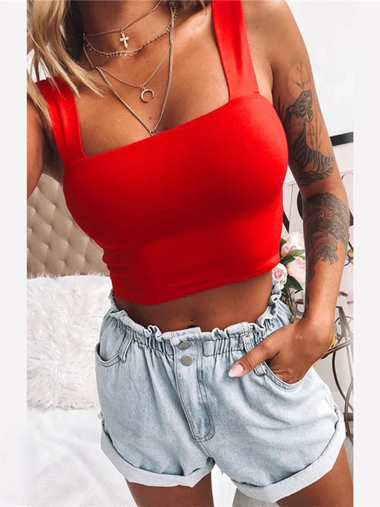 Square Neck Sleeveless Summer Crop Women Black Casual Basic T Shirt Off Shoulder Cami Sexy Backless