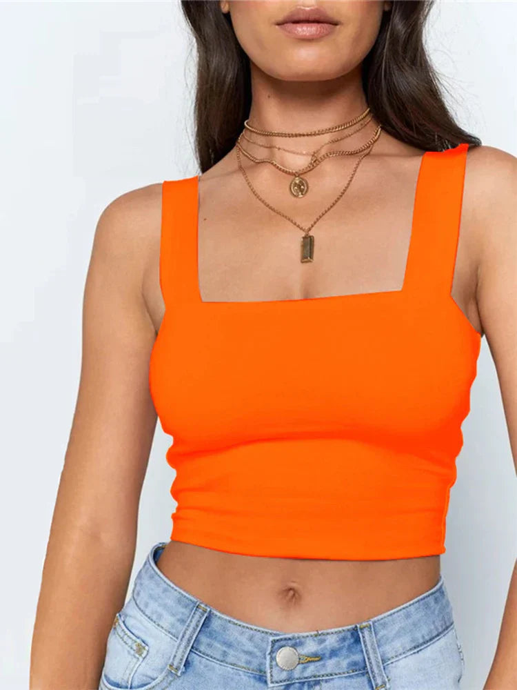 Square Neck Sleeveless Summer Crop Women Black Casual Basic T Shirt Off Shoulder Cami Sexy Backless