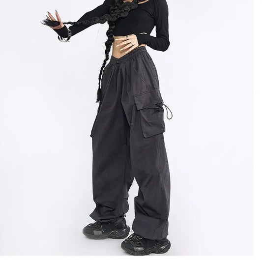 Oversize Solid Cargo Drawstring Pants Dark Gray / S