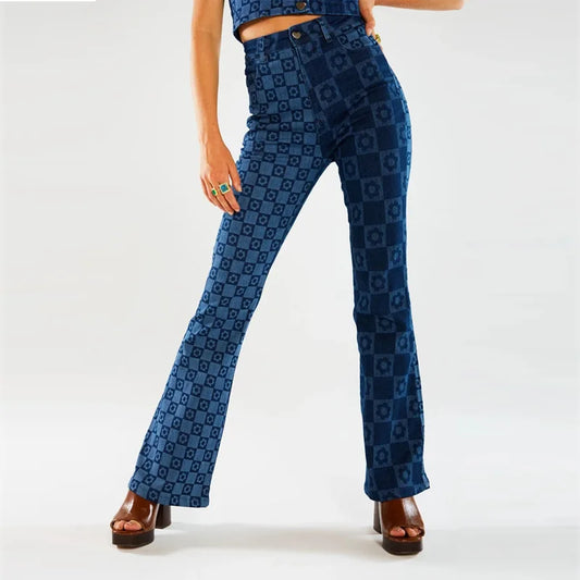 Stretch Fashion Print Women’s High Waist Flare Women Long Summer Casual Streetwear Denim Pant Jean