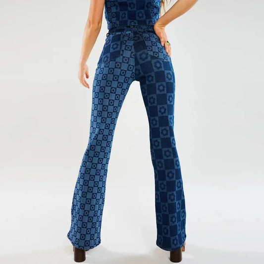 Stretch Fashion Print Women’s High Waist Flare Women Long Summer Casual Streetwear Denim Pant Jean