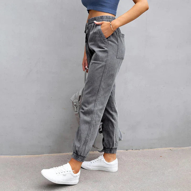 Stretch Women High Waist Wide Leg Casual Fashion Pocket Drawstring Clothing Mom Jean