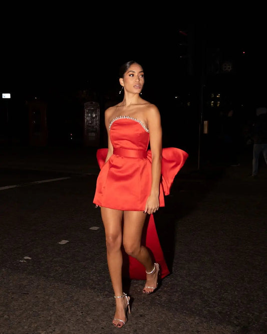 Green Pink Red Satjson Mini Party Dress With Detachable Bow Orange / 2 Christmas Dresses-L