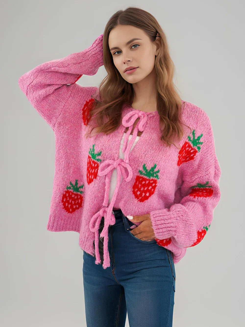 Embroidery Heart Lace-Up Cardigan Pink Strawberry / S Cardigan-241208