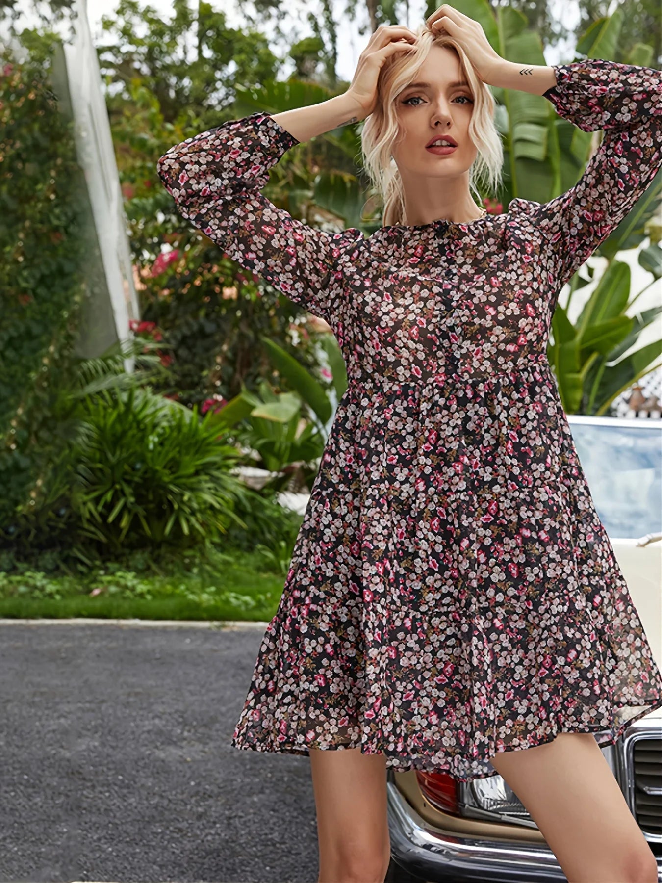 Floral O-neck Mini Party Floral Dress oldfloraldress-250126