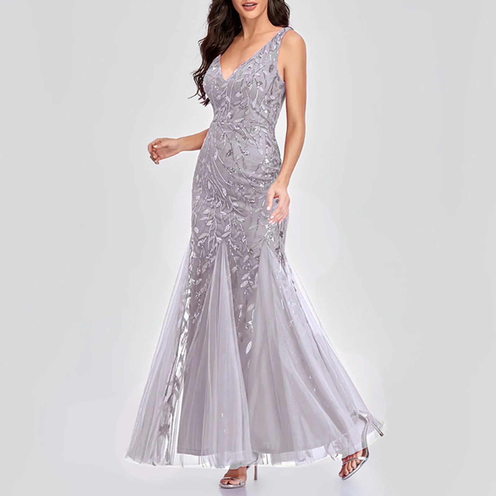 New Square-Collar Sequined Long-Sleeve Ruffle Hem Bodycon Evening Party Vestidos Dress Grey / S