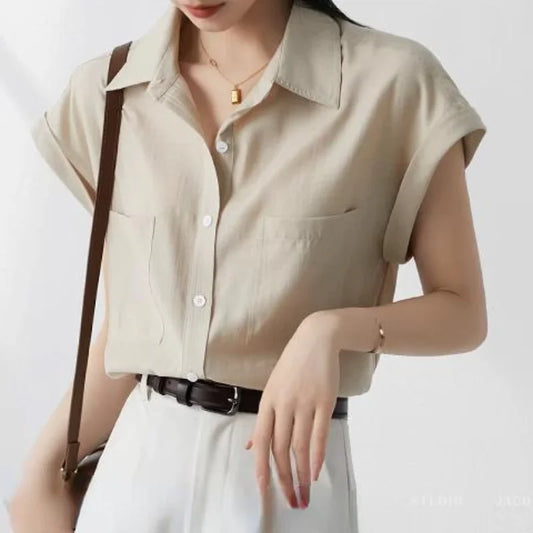 Retro Loose Lapel Pocket Short Sleeve Blouse blouse-250126