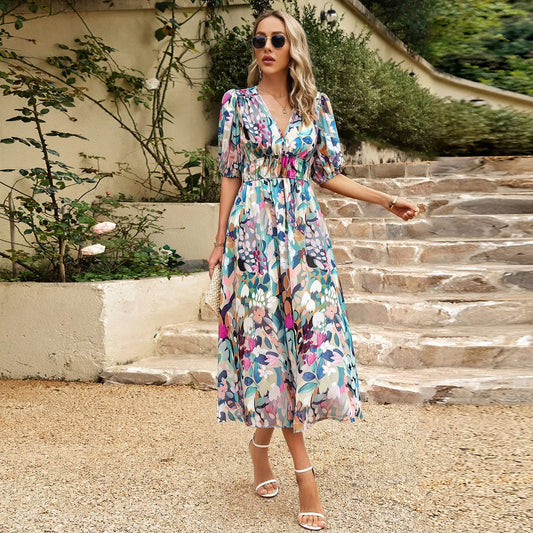 Bohemian Floral A-line Midi Floral Dress Green / S oldfloraldress-250126