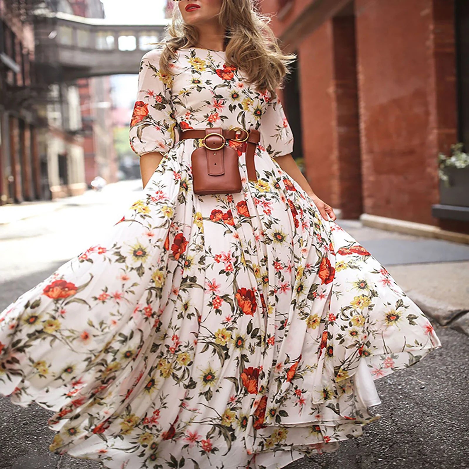Maxi Dress Flower Print Pleated Swing Evening Dress White / S floraldress-250126