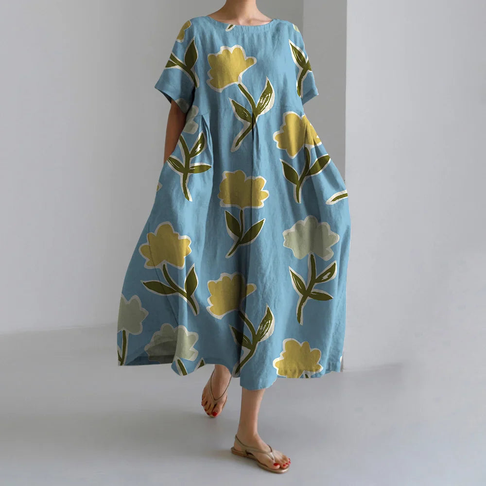 Fashion Floral Printed Short Sleeve Dinner Floral Dress green1 / S oldfloraldress-250126