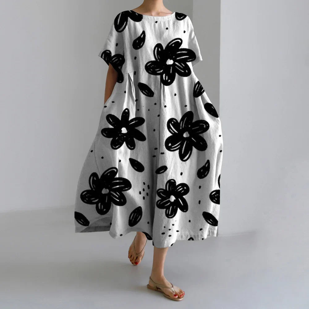 Fashion Floral Printed Short Sleeve Dinner Floral Dress black1 / S oldfloraldress-250126