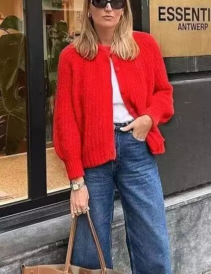 French Niche Solid Lazy Style Loose Cardigan Red / S