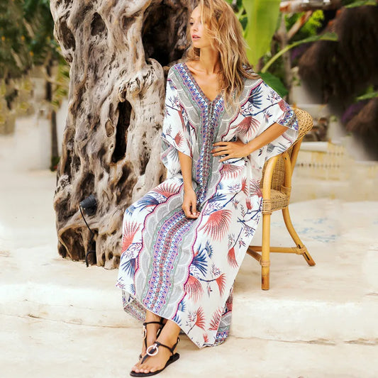 Cotton Rayon Floral Print Maxi Boho Cover up bohocoverup-250126