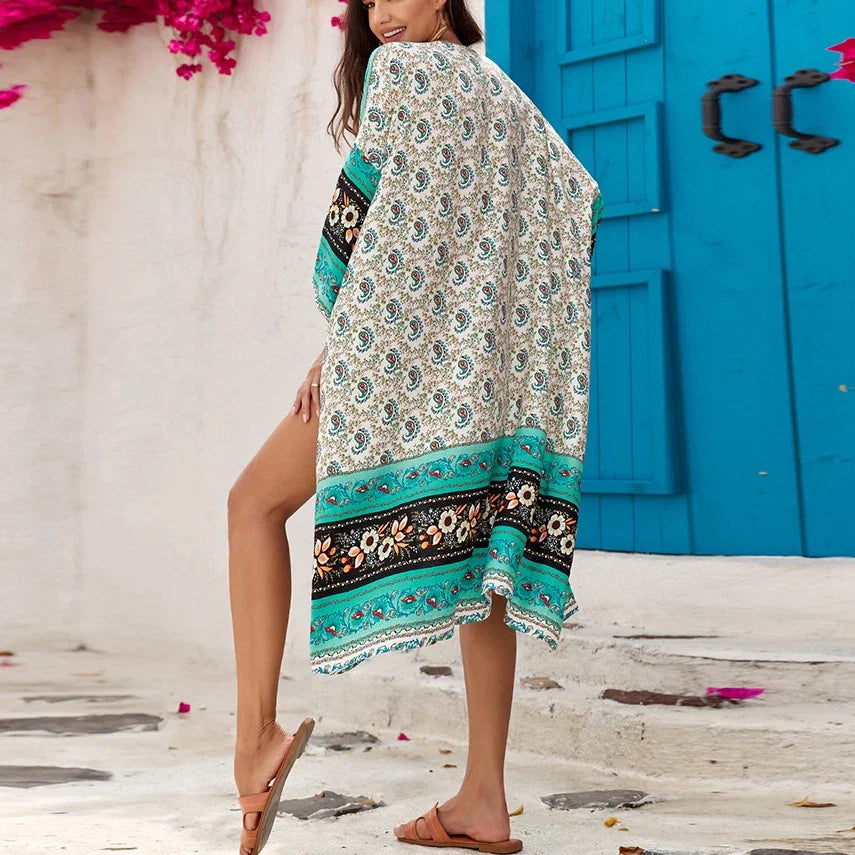 Ethnic Floral Loose Rayon Kaftan Boho Cover up bohocoverup-250126