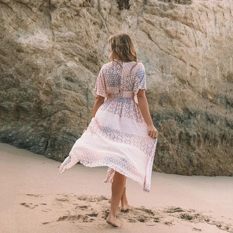 Floral Smock Frock Chiffon Bikini Cover Up Boho Dress bohocoverup-250126