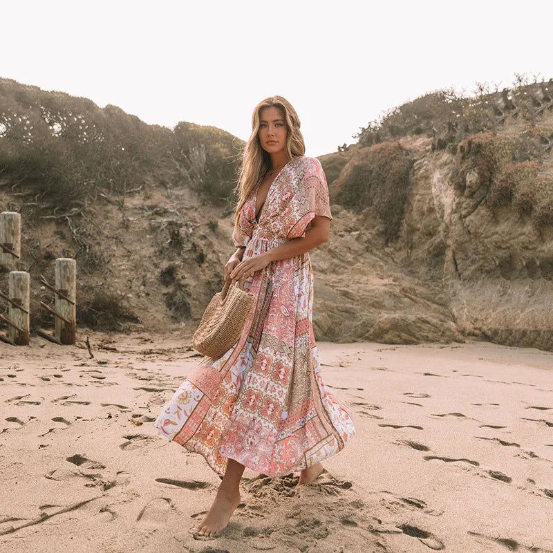 Floral Smock Frock Chiffon Bikini Cover Up Boho Dress bohocoverup-250126