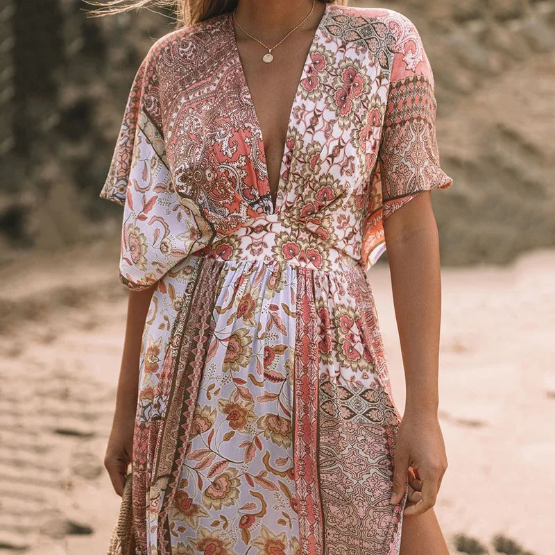 Floral Smock Frock Chiffon Bikini Cover Up Boho Dress bohocoverup-250126