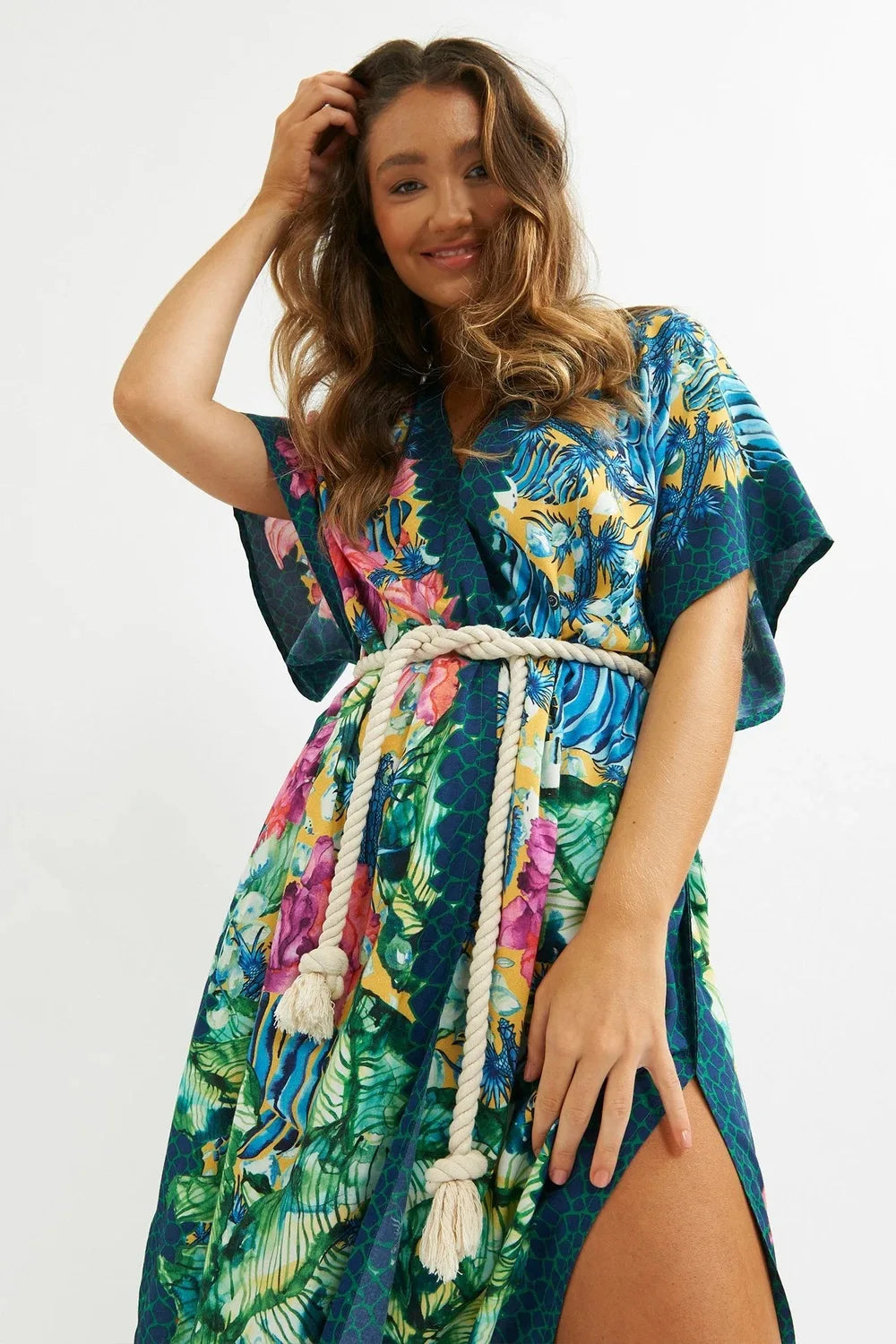 Side Split Kaftan Floral Print Boho Cover up foral pirnt / One Size bohocoverup-250126