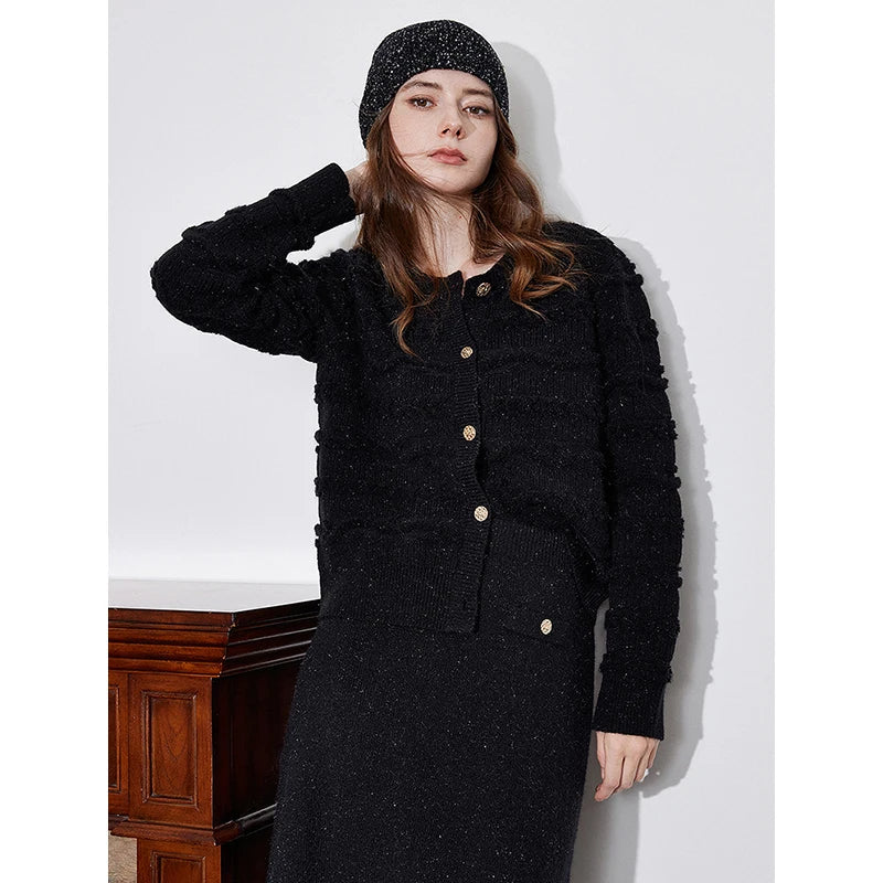 Round Neck Jacquard Embroidered Cardigan Black / S Cardigan-241208