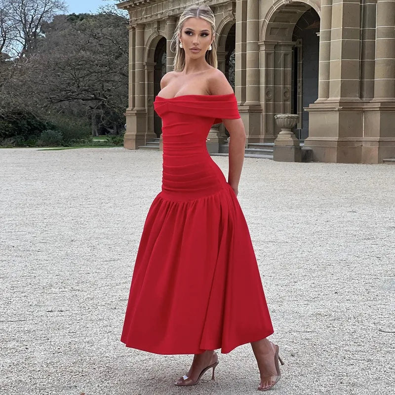 Elegant Backless Patchwork Long Red Sleeveless Bandeau Solid Pleated Wide Skirt Christmas Party