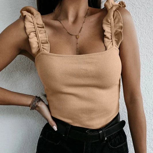 Women Collar Solid Knit Casual Basic Summer Ribbed Slim Ruffless Tank Top