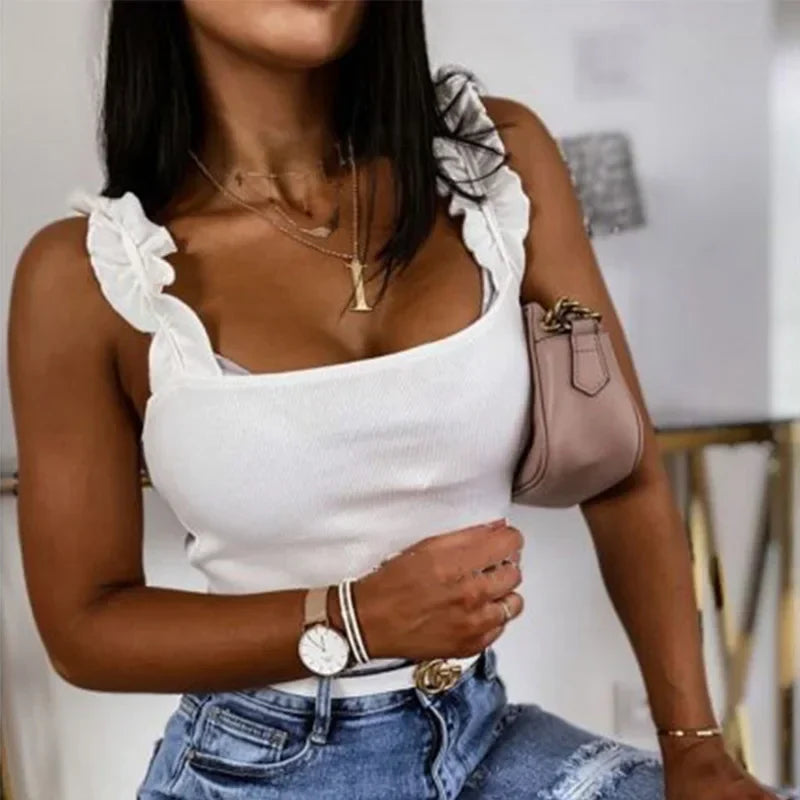 Women Collar Solid Knit Casual Basic Summer Ribbed Slim Ruffless Tank Top