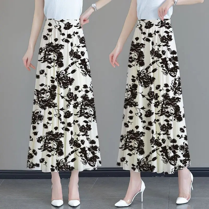 Floral High Waist Patchwork Chiffon Beach Skirt Black Length 80CM1 / M skirt-250126
