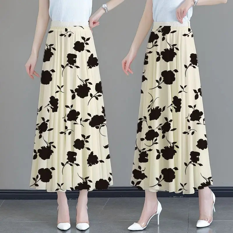 Floral High Waist Patchwork Chiffon Beach Skirt apricot Length 80CM / M skirt-250126