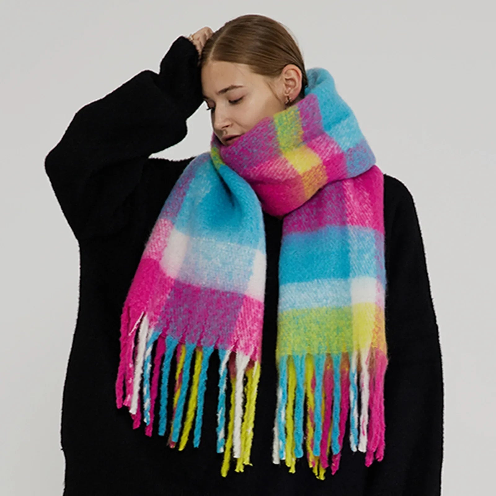 Thick Warm Tassel Contrast Color Scarf For Autumn/Winter Rainbow 231X42Cm Scarfs-L