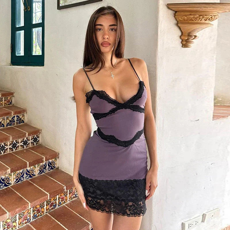 Lace Slim Spaghetti Strap Mini Vacation Dress vacationdress-250223