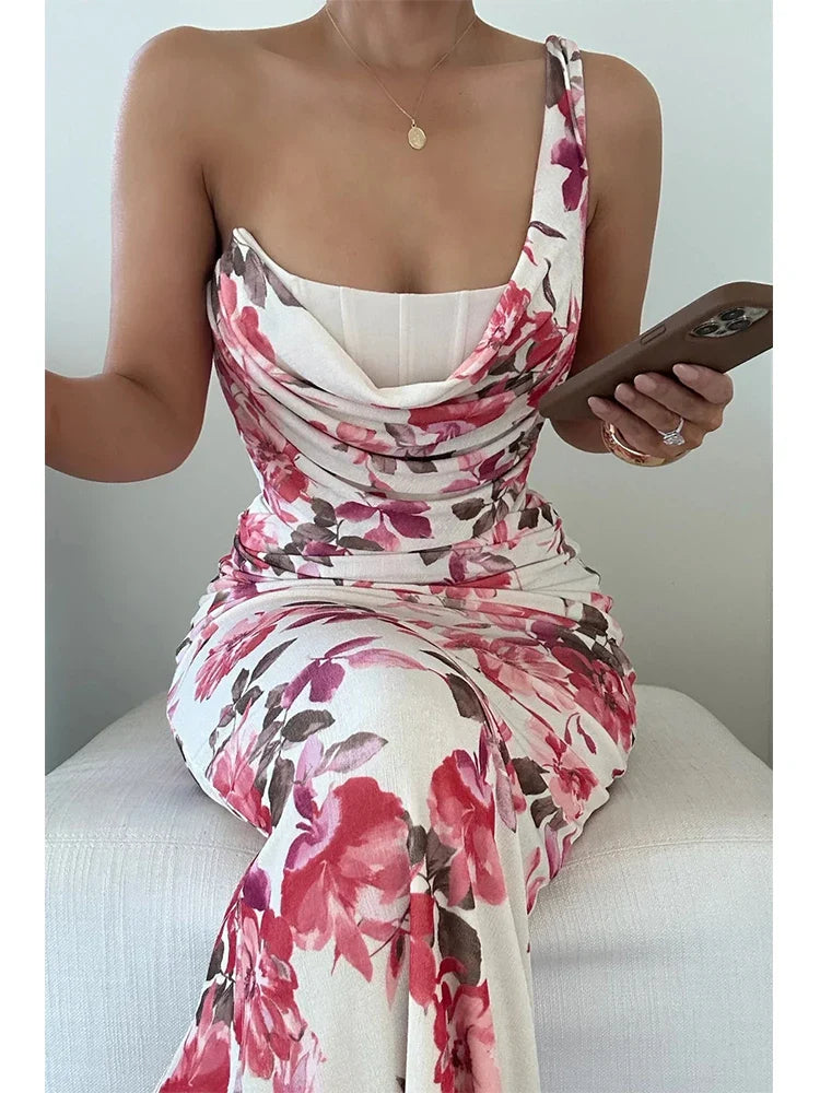 Print Pleated Slim Bodycon Vacation Dress vacationdress-250223