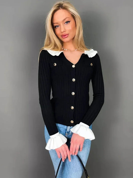 Elegant Patchwork Ruffle Long Sleeve Cardigan