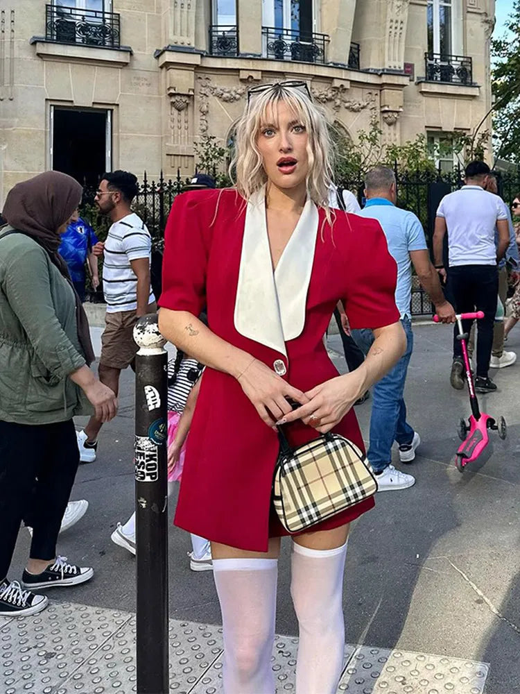 Vintage Red Contrasting Button Mini Dresses Elegant V Neck A-Line Christmas Party Dress Dresses-L