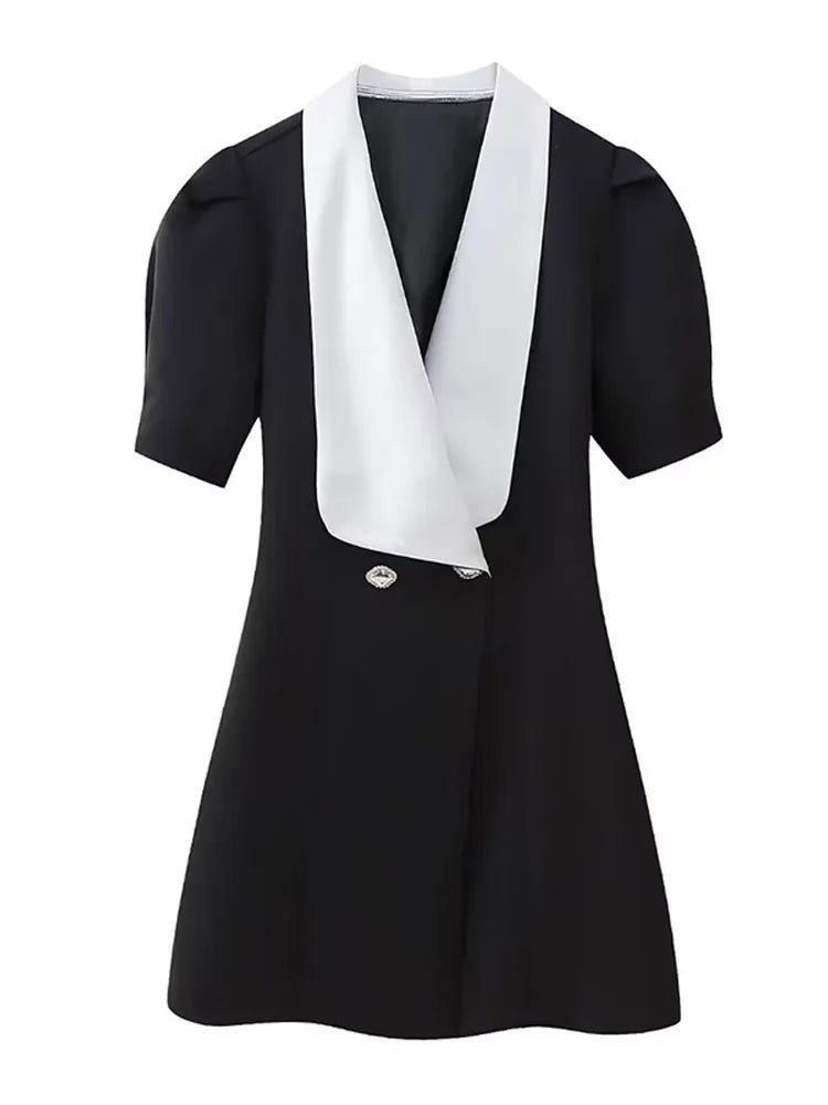 Vintage Red Contrasting Button Mini Dresses Elegant V Neck A-Line Christmas Party Dress Black / Xs