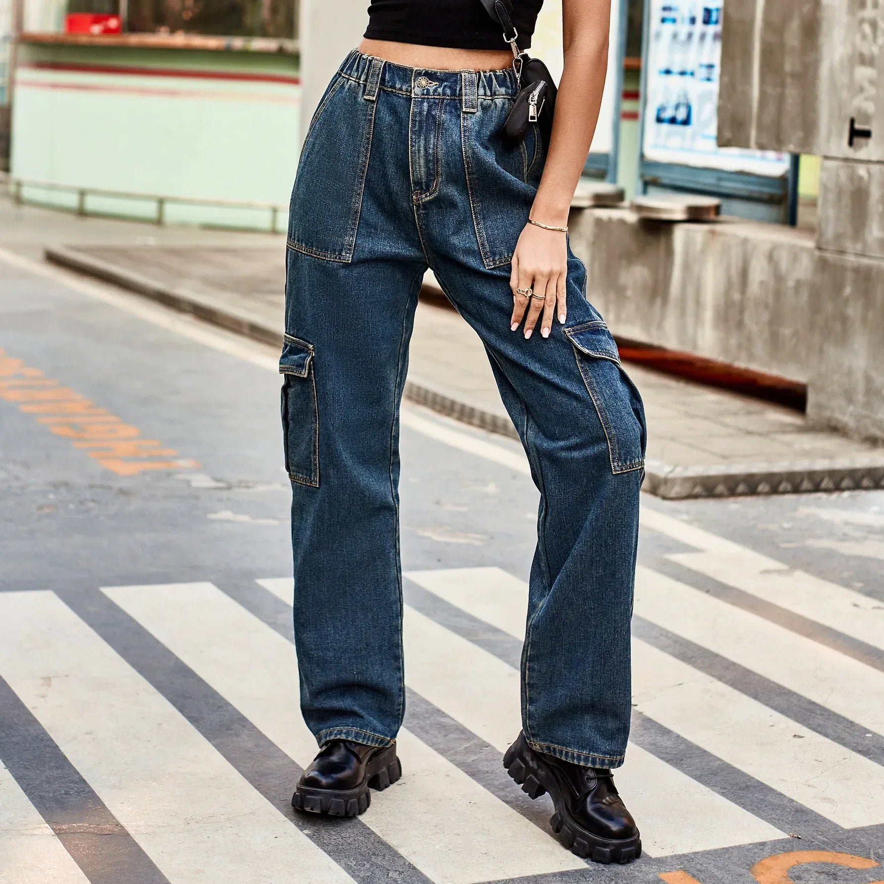 Vintage Streetwear High Waist Women American Fashion Blue Wide Leg Trouser Female Baggy Straight