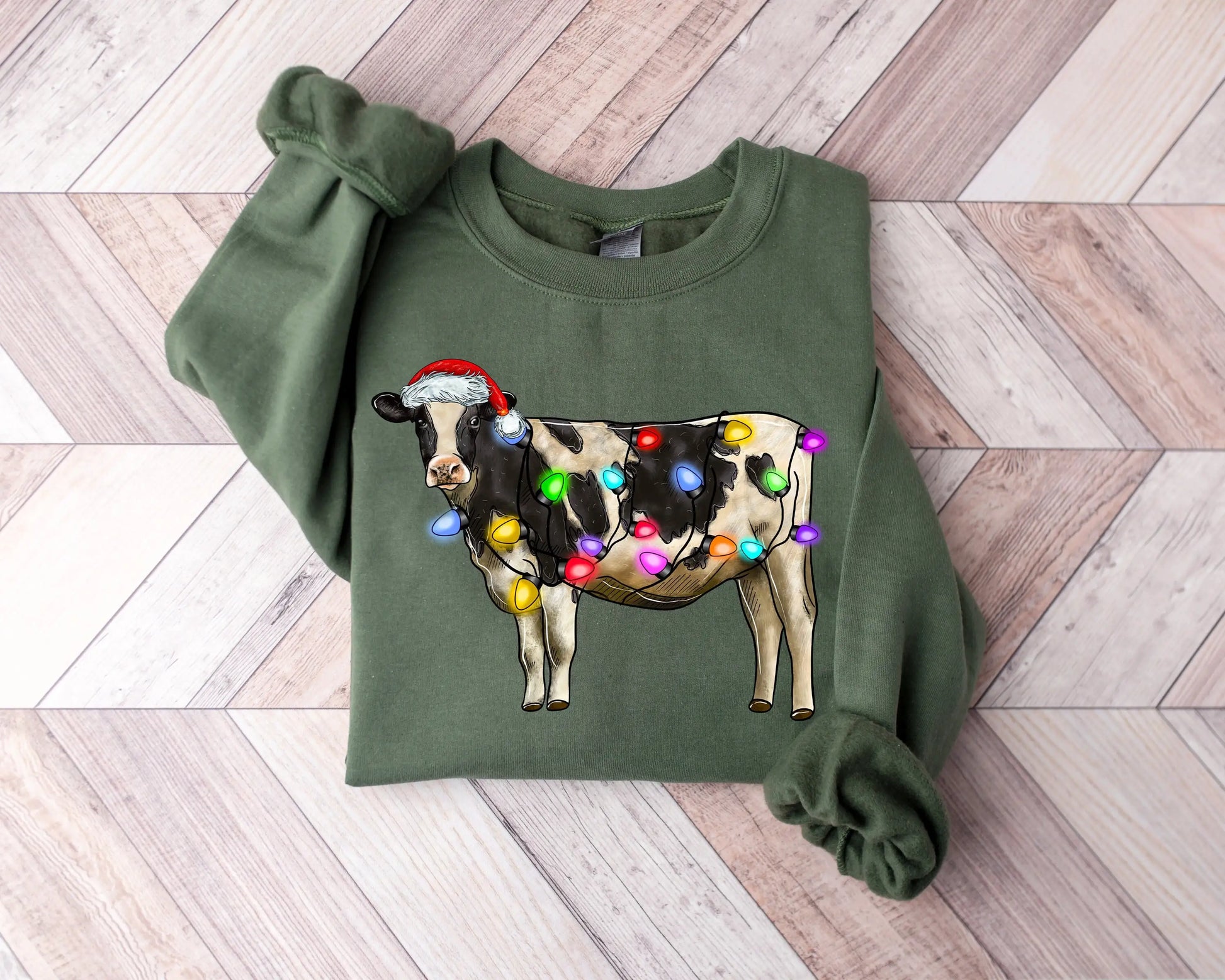 Voguish Christmas Cow Lights Leisure Sports Model Farm Hoodie Green / S Hoodies-L