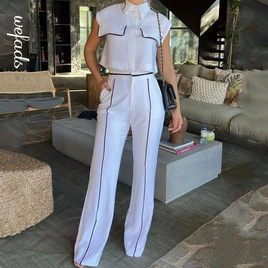 Kontrastierendes Revers Weste Taschen Hose Büro Zweiteiliges Set