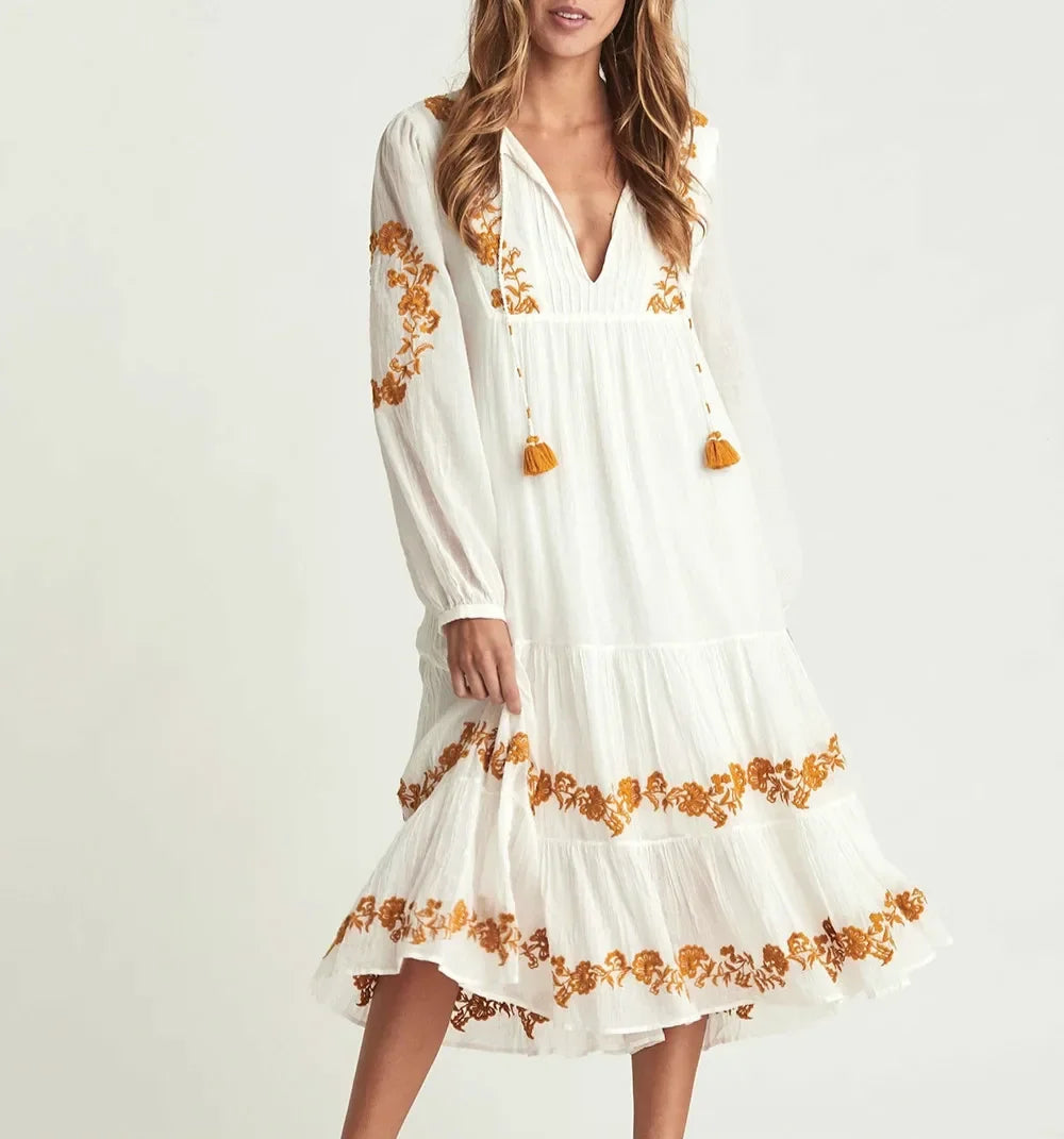White Deep V Neck Long Sleeve Dress bohodress-250126