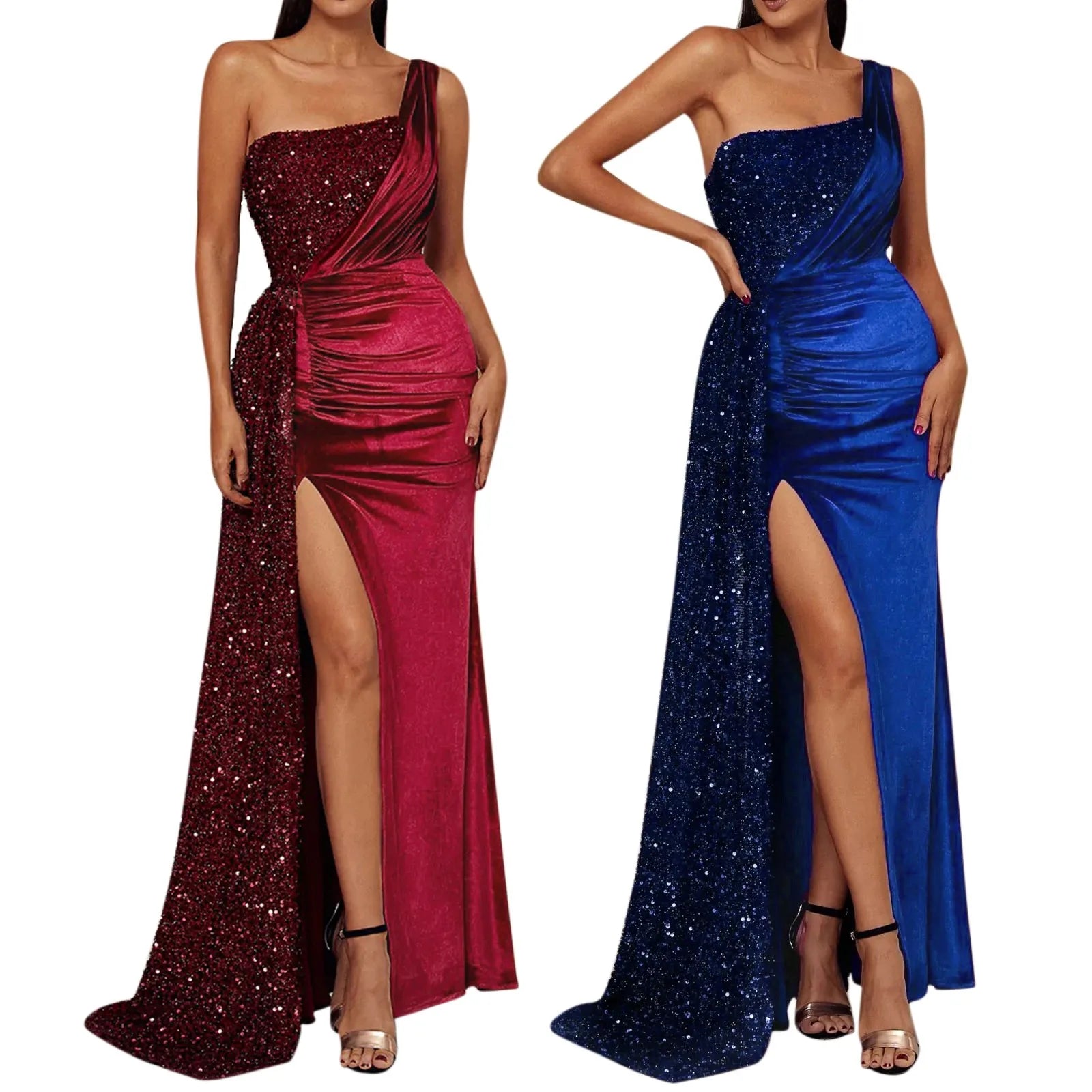 Elegant One Shoulder Draped Split Wedding Party Prom Formal Long Gown Christmas Dress Dresses-L