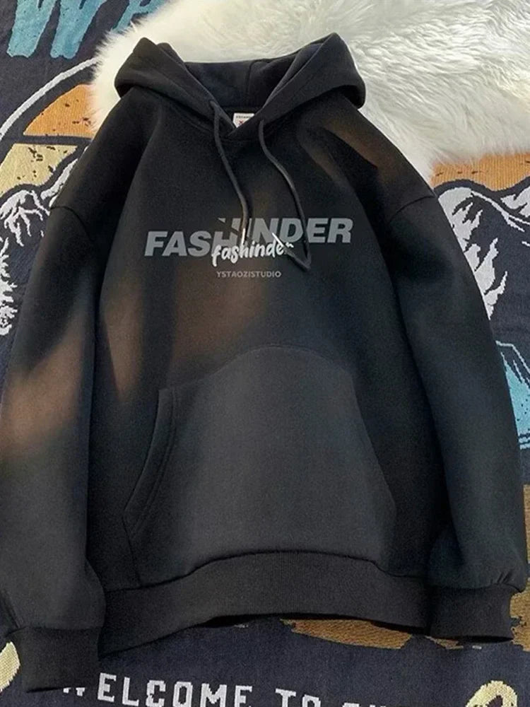 Letter Printed Winter Fleece Hoodie Black / M(40-45KG)