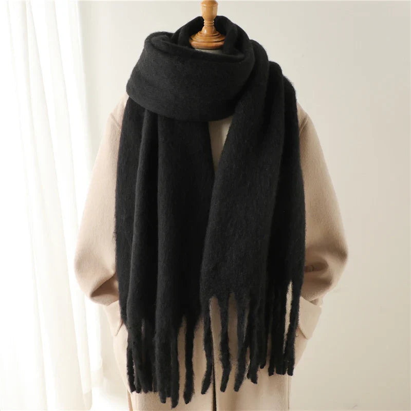 Cashmere Winter Scarf For Women - Solid Thick Soft Pashmina Wrap Black Scarfs-L