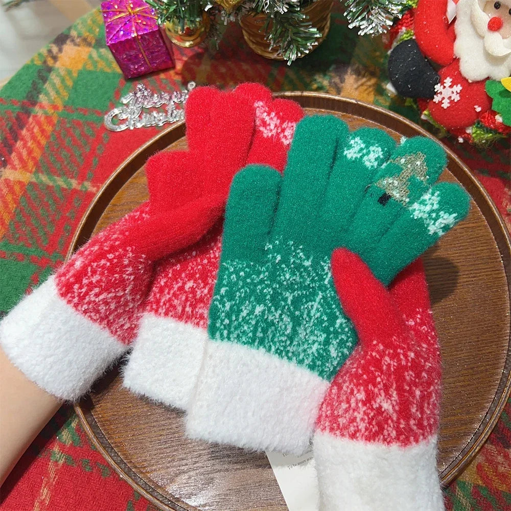 Cashmere Christmas Tree Knit Skiing Full Finger Plush Gloves Gloves-L