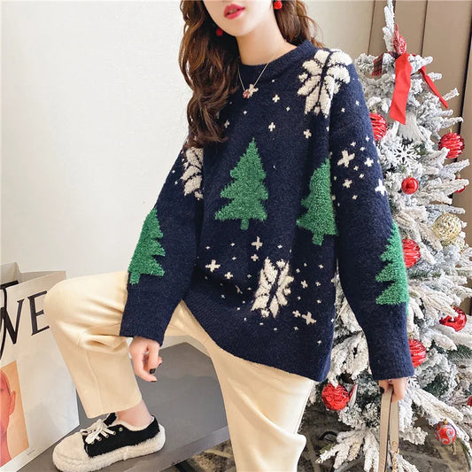 Korean Version Sweet Embroidery Versatile Long Sleeves Pullover Christmas Sweater Navy Blue / One