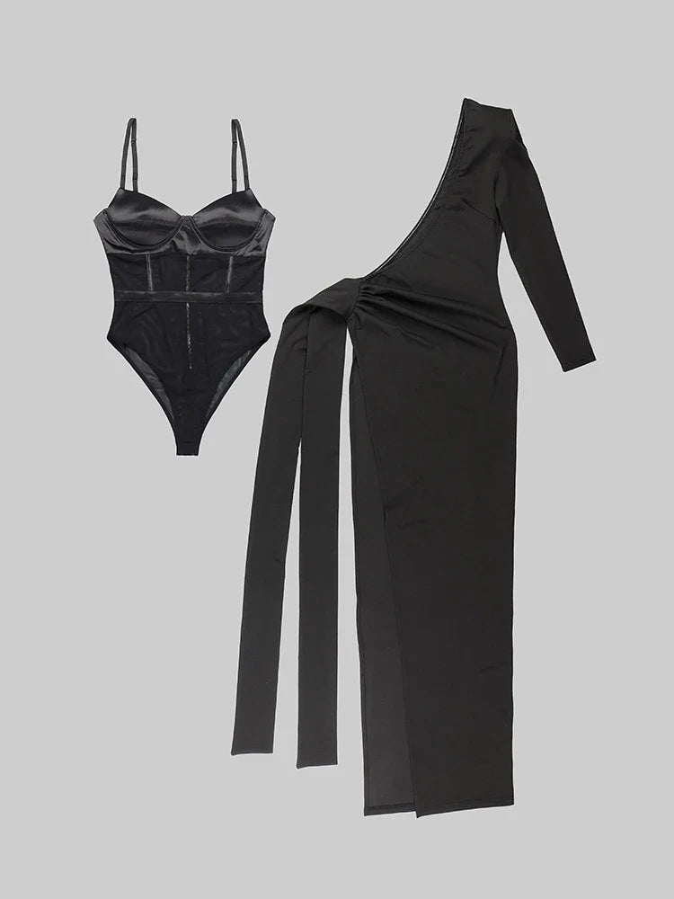 Black 2 Piece Set Sexy One Shoulder Long Ruched Elegant Christmas Party Dress Dresses-L
