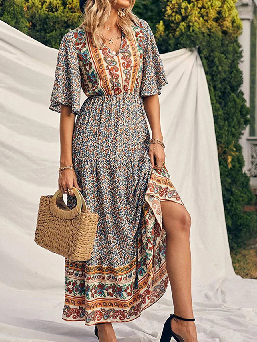 Retro Floral Print V-neck Boho Sundress Yellow / S bohodress-250126