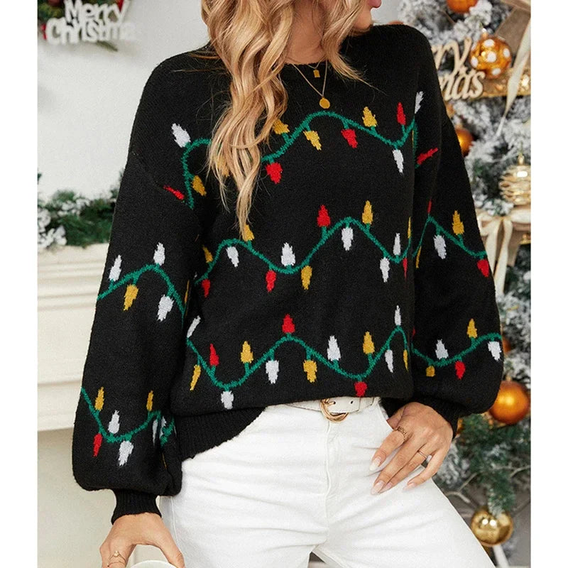 Casual Streetwear Jacquard Sweet Christmas Party Knitted Loose Sweater Sweaters-L