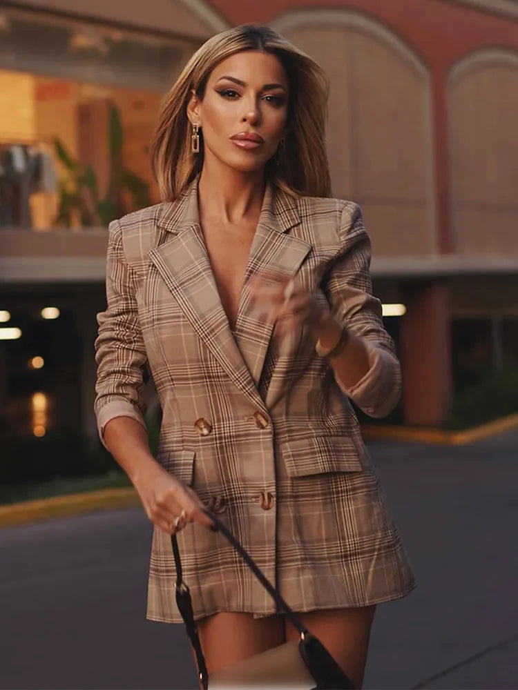 Plaid Print Slim Suit Coat Khaki / S