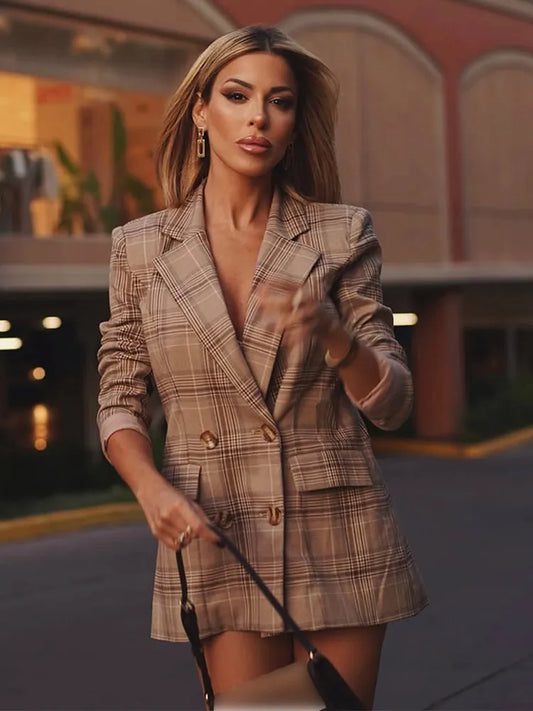 Plaid Print Slim Suit Coat Khaki / S